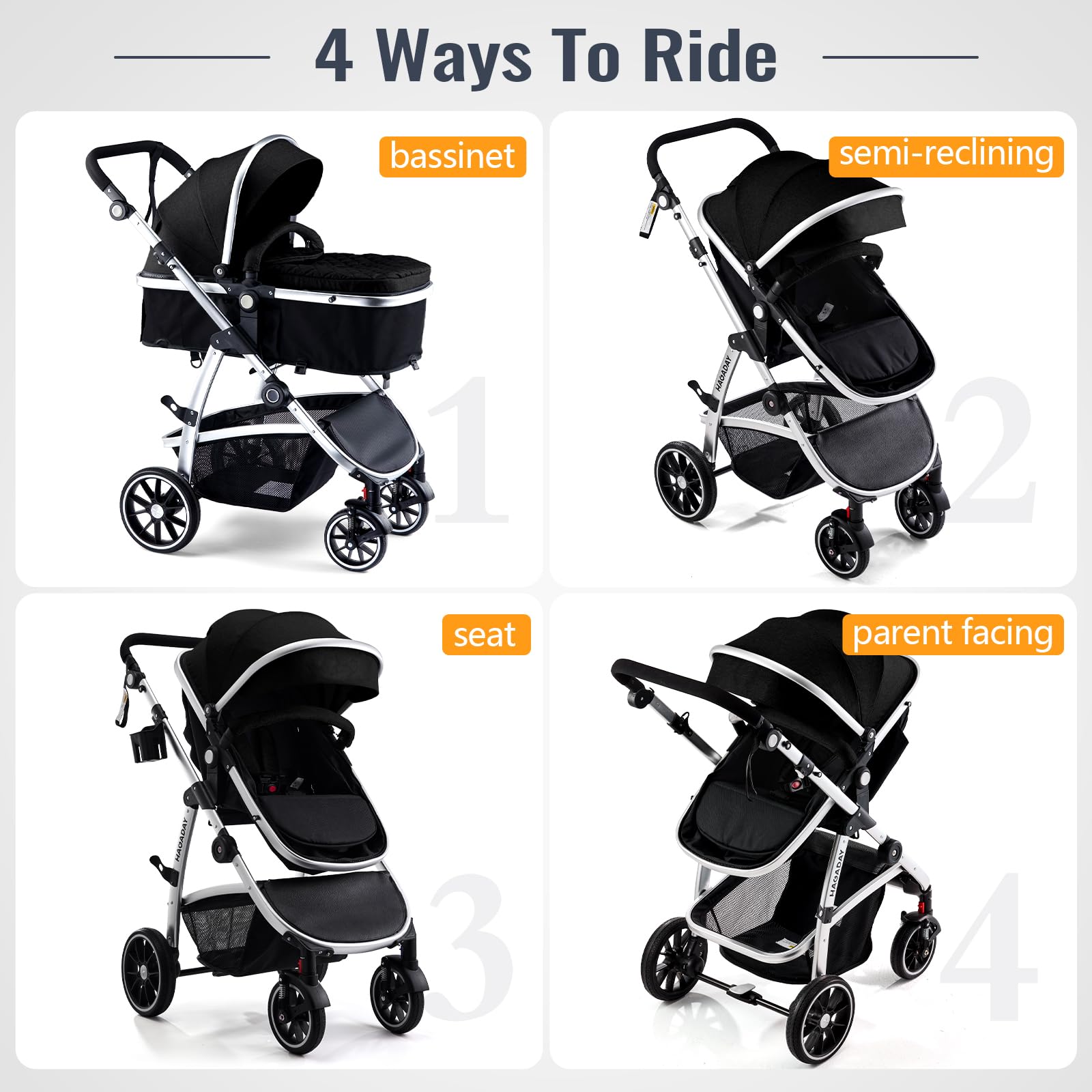 Hagaday Baby Stroller, 2-in-1 Reversible Toddler Seat with Bassinet Mode, Foldable Infant Stroller with Canopy, One Button Brake, Adjustable Handle, Newborn Pushchair(Pink)