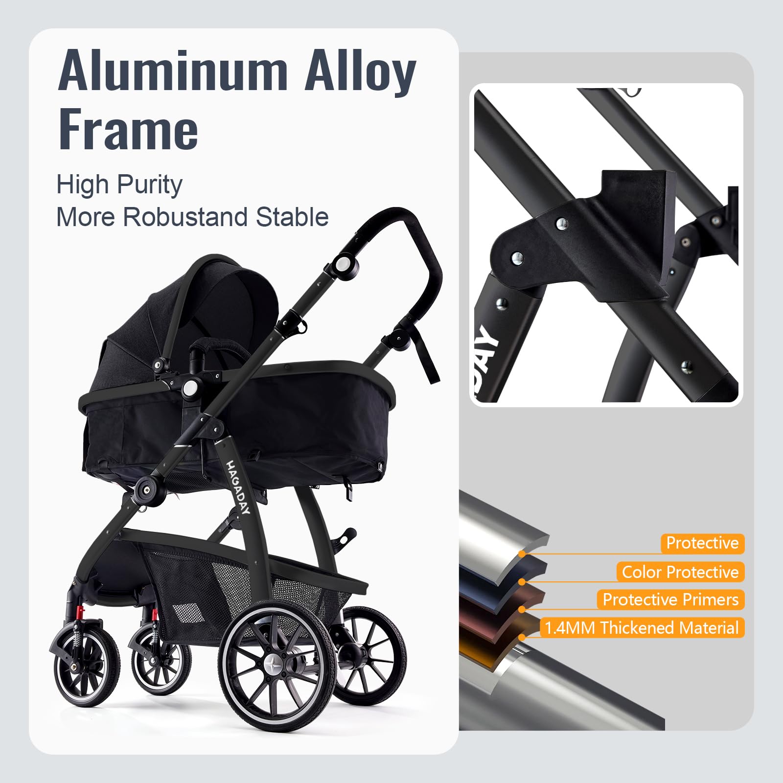 Hagaday Baby Stroller, 2-in-1 Reversible Toddler Seat with Bassinet Mode, Foldable Infant Stroller with Canopy, One Button Brake, Adjustable Handle, Newborn Pushchair(Pink)