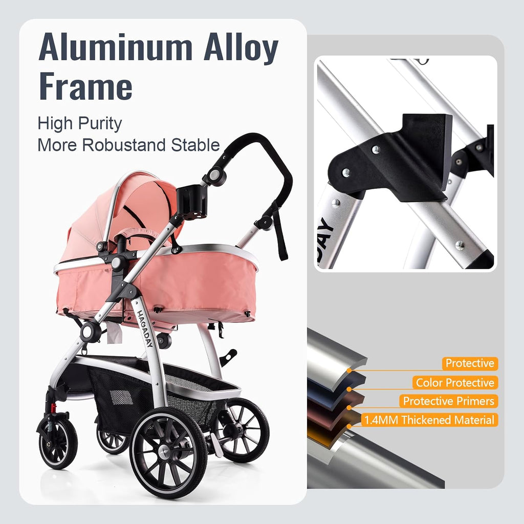 Hagaday Baby Stroller, 2-in-1 Reversible Toddler Seat with Bassinet Mode, Foldable Infant Stroller with Canopy, One Button Brake, Adjustable Handle, Newborn Pushchair(Pink)