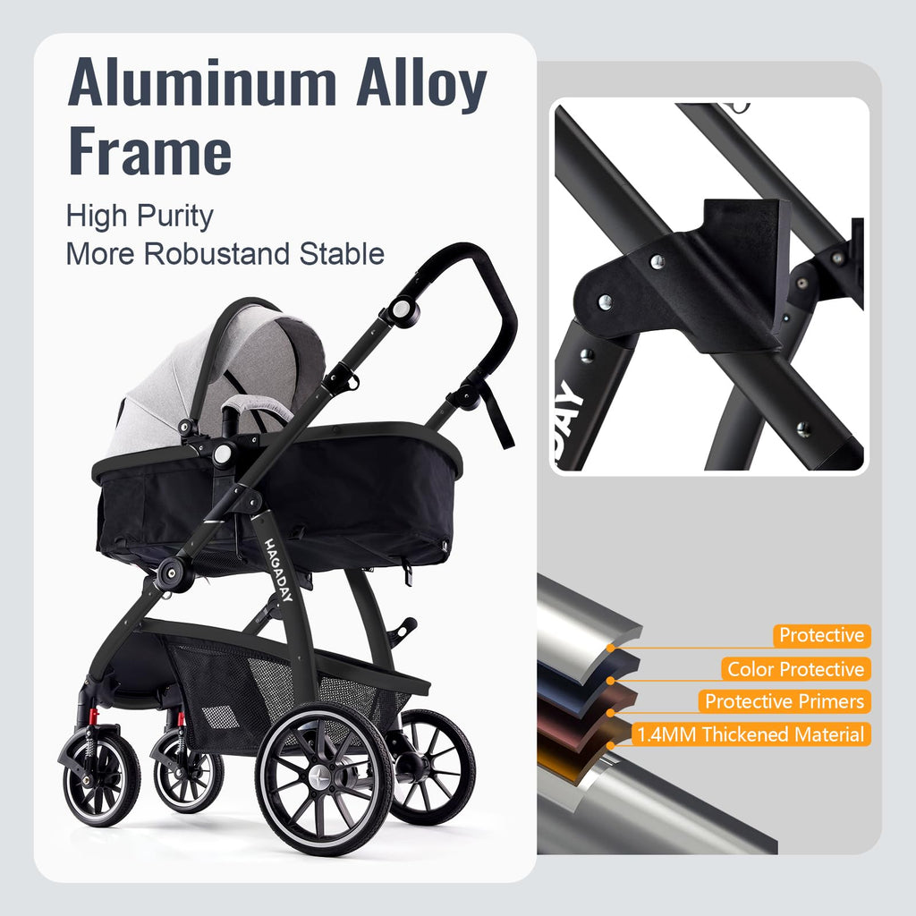 Hagaday Baby Stroller, 2-in-1 Reversible Toddler Seat with Bassinet Mode, Foldable Infant Stroller with Canopy, One Button Brake, Adjustable Handle, Newborn Pushchair(Pink)