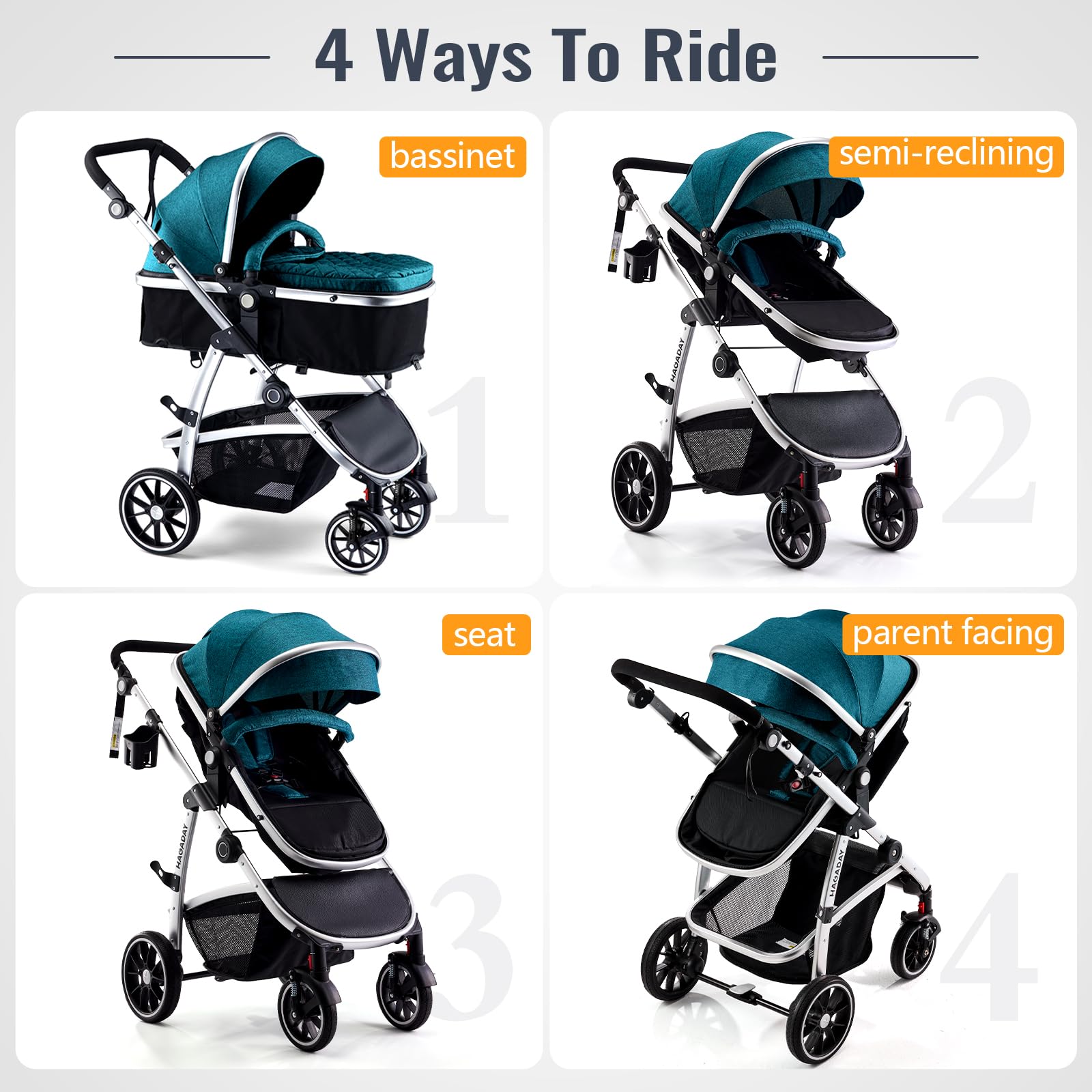 Hagaday Baby Stroller, 2-in-1 Reversible Toddler Seat with Bassinet Mode, Foldable Infant Stroller with Canopy, One Button Brake, Adjustable Handle, Newborn Pushchair(Pink)