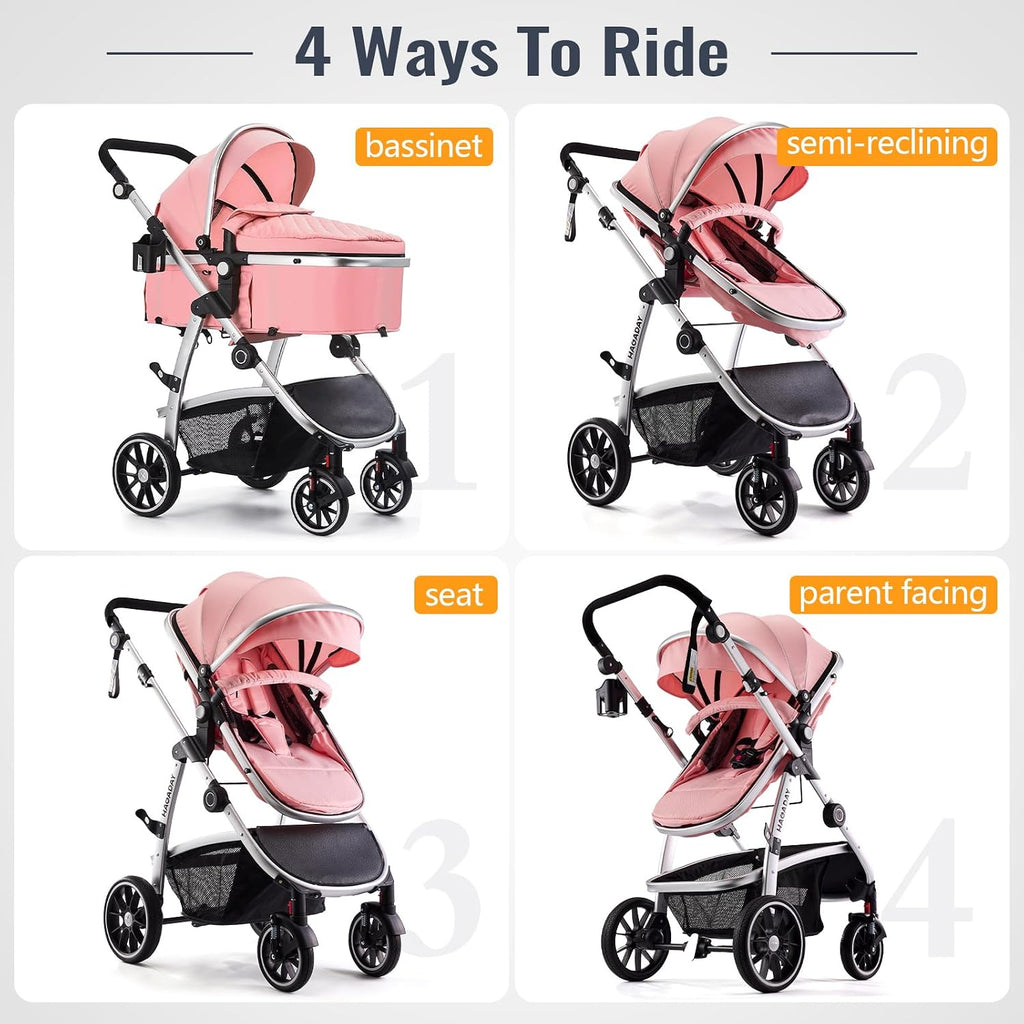 Hagaday Baby Stroller, 2-in-1 Reversible Toddler Seat with Bassinet Mode, Foldable Infant Stroller with Canopy, One Button Brake, Adjustable Handle, Newborn Pushchair(Pink)