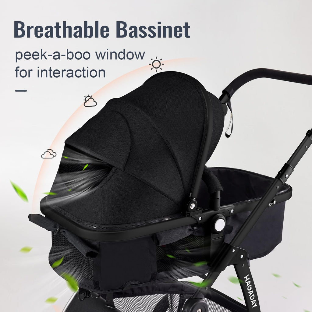 Hagaday Baby Stroller, 2-in-1 Reversible Toddler Seat with Bassinet Mode, Foldable Infant Stroller with Canopy, One Button Brake, Adjustable Handle, Newborn Pushchair(Pink)