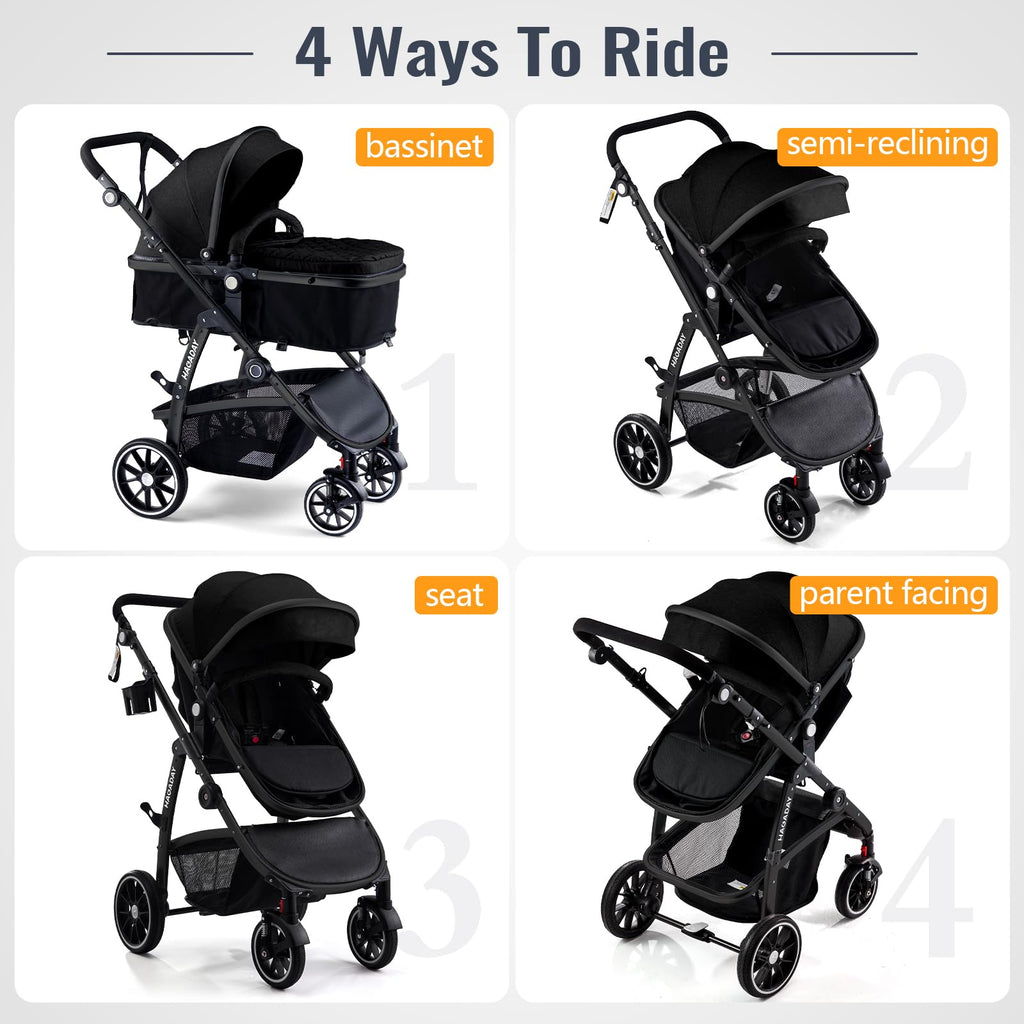 Hagaday Baby Stroller, 2-in-1 Reversible Toddler Seat with Bassinet Mode, Foldable Infant Stroller with Canopy, One Button Brake, Adjustable Handle, Newborn Pushchair(Pink)