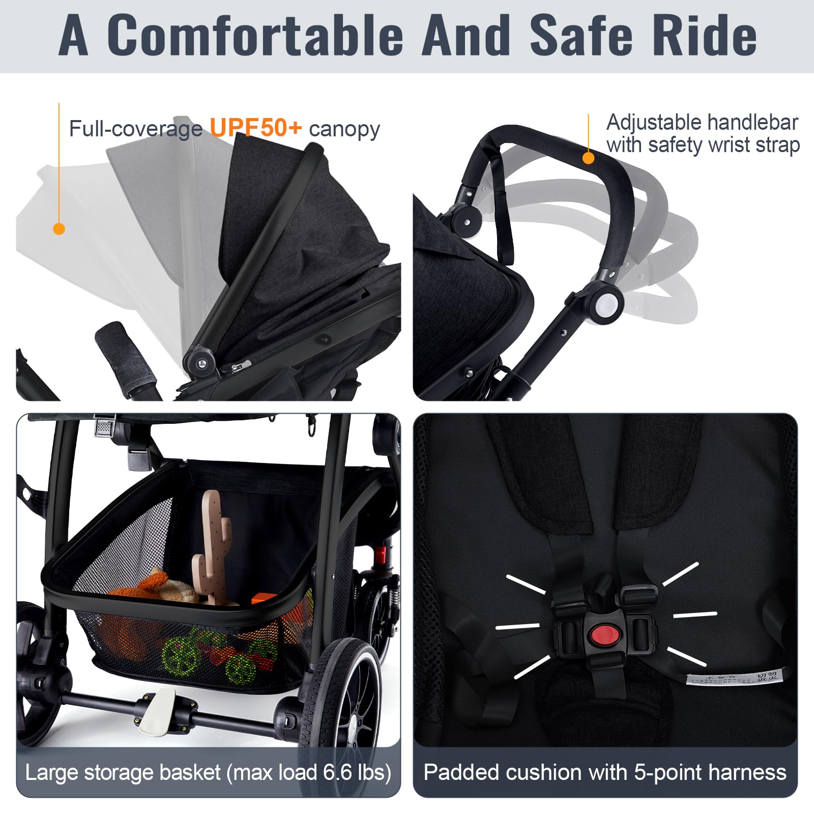 Hagaday Baby Stroller, 2-in-1 Reversible Toddler Seat with Bassinet Mode, Foldable Infant Stroller with Canopy, One Button Brake, Adjustable Handle, Newborn Pushchair(Pink)