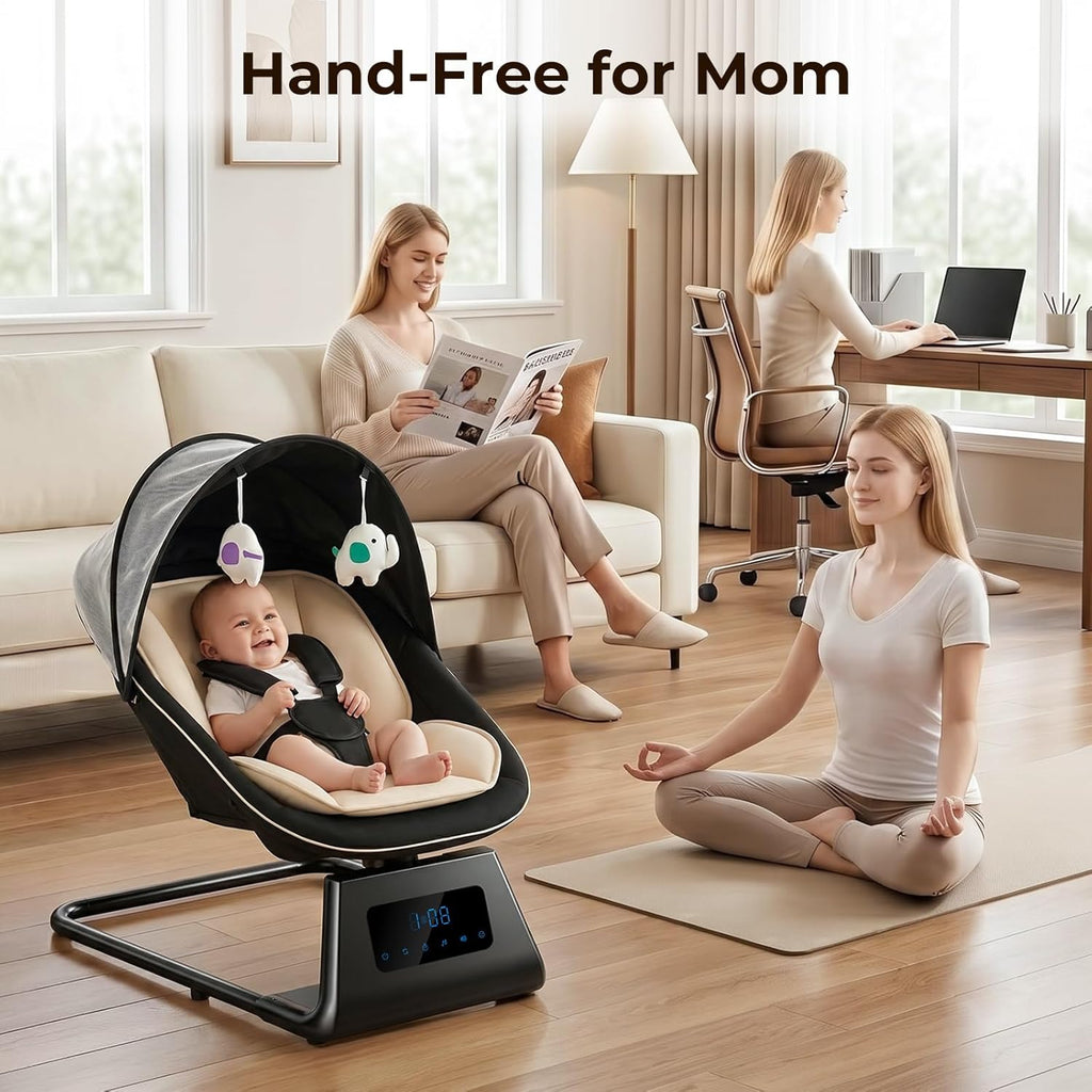 Pamo Babe Portable Baby Swing - Electric Baby Rocker with Cry Detection, 5 Swing Speeds, Bluetooth & Remote Control, Adjustable Backrest, Indoor & Outdoor Swing Chair for Newborn Babies - Black