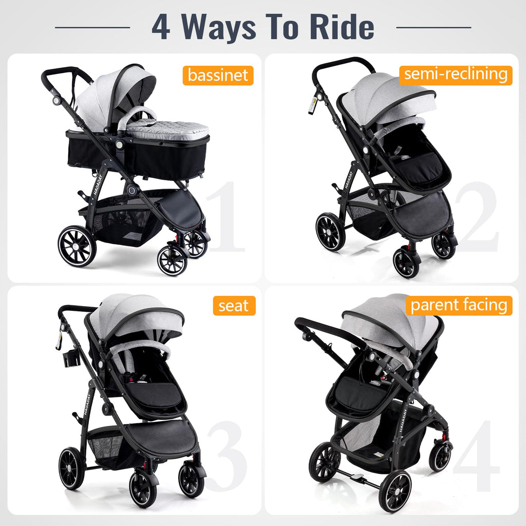 Hagaday Baby Stroller, 2-in-1 Reversible Toddler Seat with Bassinet Mode, Foldable Infant Stroller with Canopy, One Button Brake, Adjustable Handle, Newborn Pushchair(Pink)