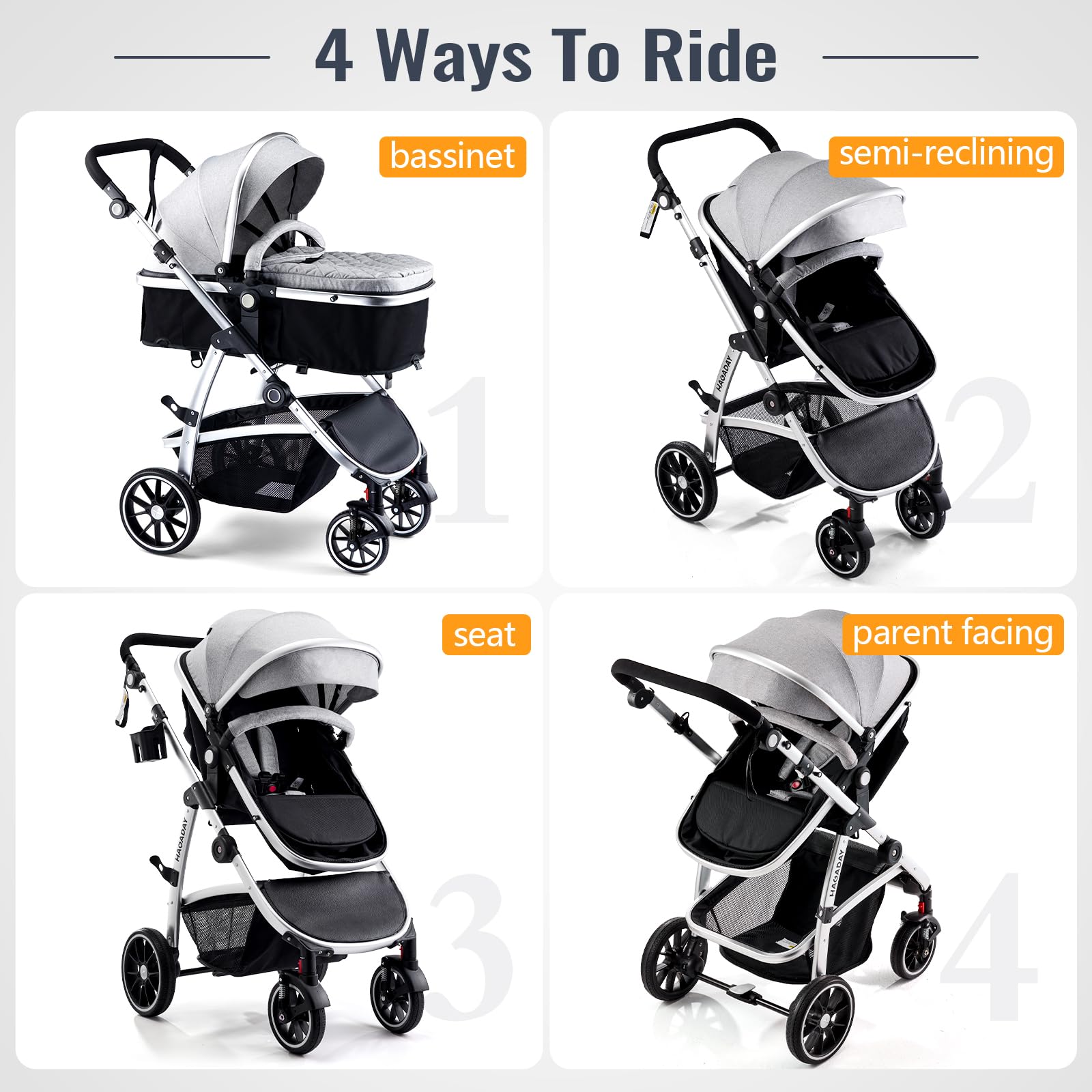 Hagaday Baby Stroller, 2-in-1 Reversible Toddler Seat with Bassinet Mode, Foldable Infant Stroller with Canopy, One Button Brake, Adjustable Handle, Newborn Pushchair(Pink)