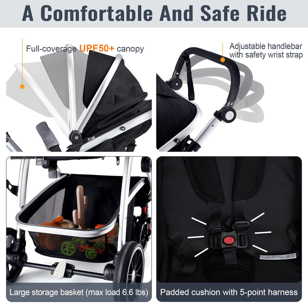 Hagaday Baby Stroller, 2-in-1 Reversible Toddler Seat with Bassinet Mode, Foldable Infant Stroller with Canopy, One Button Brake, Adjustable Handle, Newborn Pushchair(Pink)