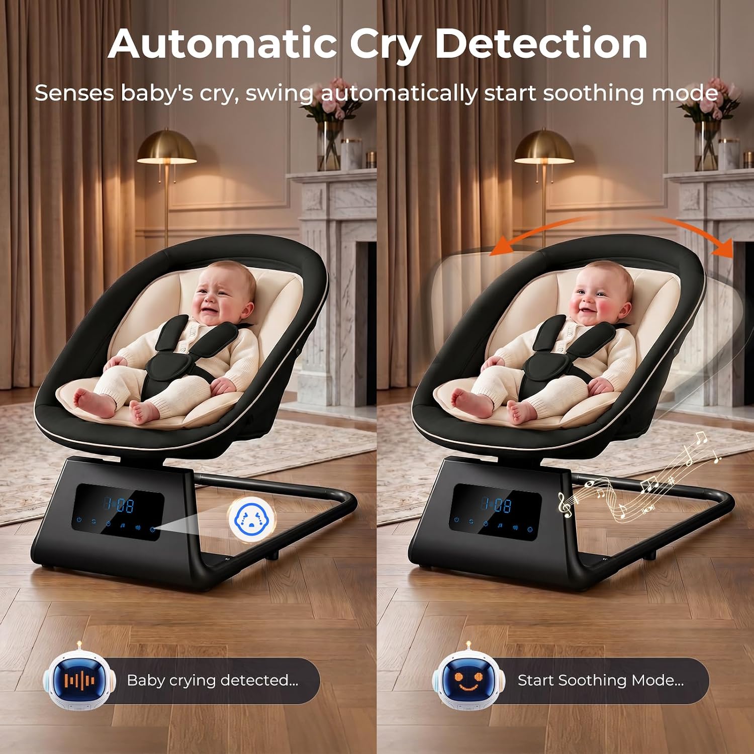 Pamo Babe Portable Baby Swing - Electric Baby Rocker with Cry Detection, 5 Swing Speeds, Bluetooth & Remote Control, Adjustable Backrest, Indoor & Outdoor Swing Chair for Newborn Babies - Black