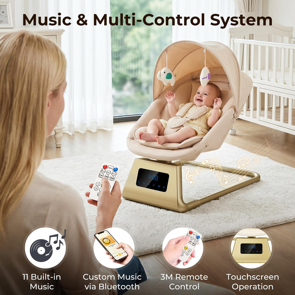 Pamo Babe Portable Baby Swing - Electric Baby Rocker with Cry Detection, 5 Swing Speeds, Bluetooth & Remote Control, Adjustable Backrest, Indoor & Outdoor Swing Chair for Newborn Babies - Black