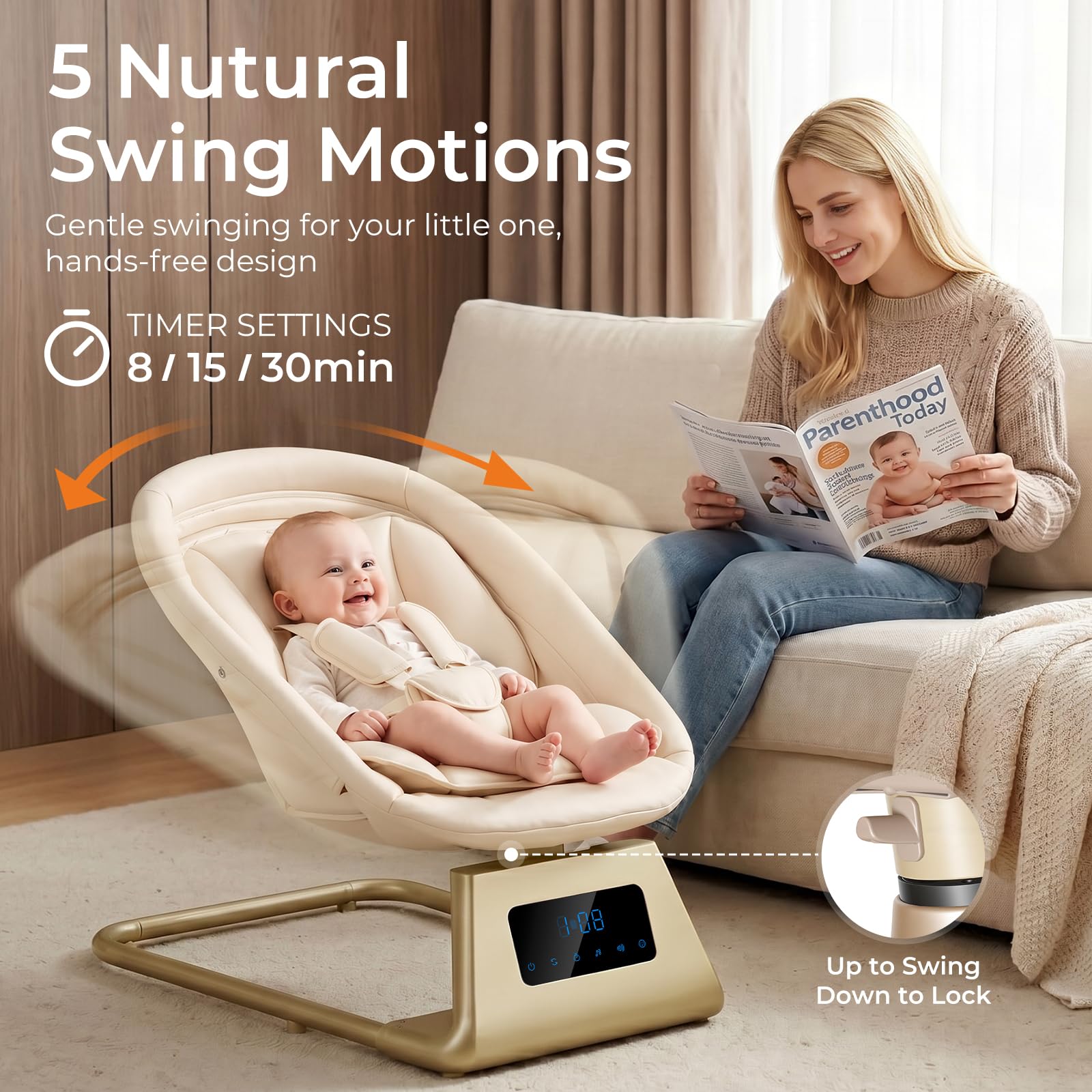 Pamo Babe Portable Baby Swing - Electric Baby Rocker with Cry Detection, 5 Swing Speeds, Bluetooth & Remote Control, Adjustable Backrest, Indoor & Outdoor Swing Chair for Newborn Babies - Black