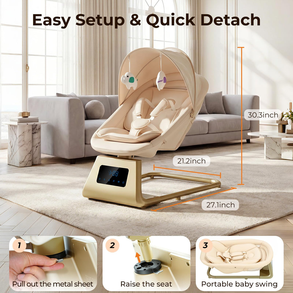 Pamo Babe Portable Baby Swing - Electric Baby Rocker with Cry Detection, 5 Swing Speeds, Bluetooth & Remote Control, Adjustable Backrest, Indoor & Outdoor Swing Chair for Newborn Babies - Black