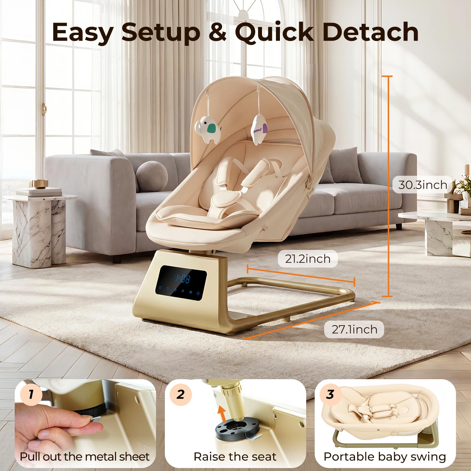 Pamo Babe Portable Baby Swing - Electric Baby Rocker with Cry Detection, 5 Swing Speeds, Bluetooth & Remote Control, Adjustable Backrest, Indoor & Outdoor Swing Chair for Newborn Babies - Black