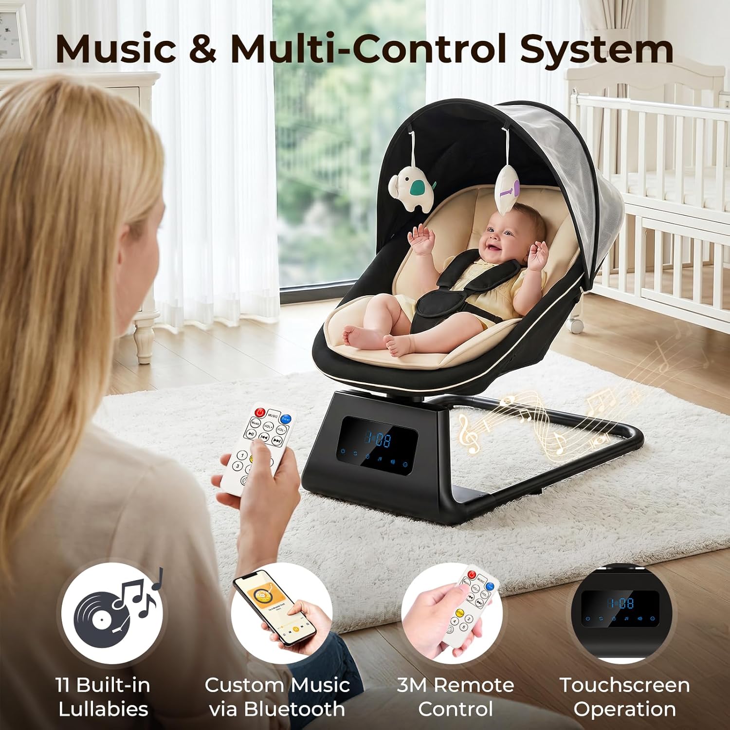Pamo Babe Portable Baby Swing - Electric Baby Rocker with Cry Detection, 5 Swing Speeds, Bluetooth & Remote Control, Adjustable Backrest, Indoor & Outdoor Swing Chair for Newborn Babies - Black