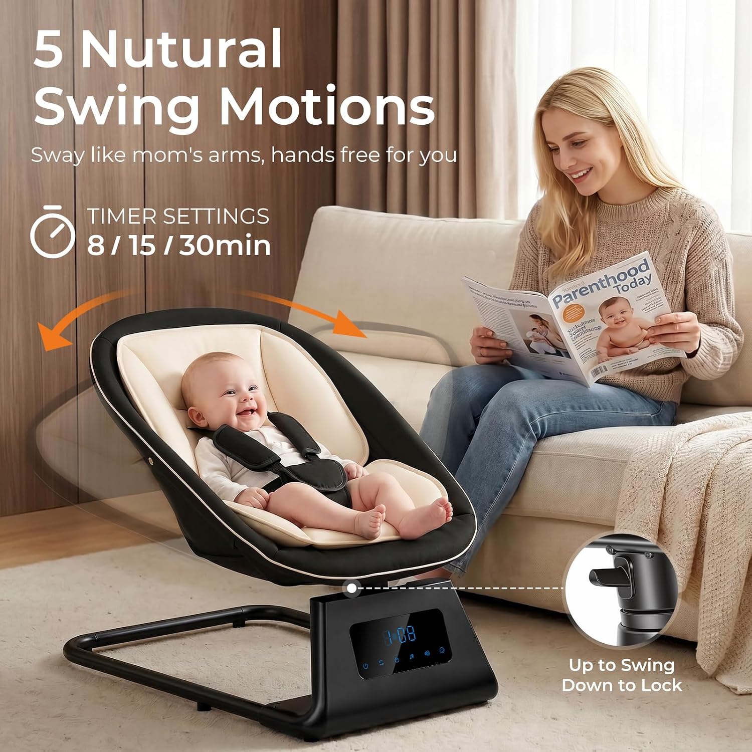 Pamo Babe Portable Baby Swing - Electric Baby Rocker with Cry Detection, 5 Swing Speeds, Bluetooth & Remote Control, Adjustable Backrest, Indoor & Outdoor Swing Chair for Newborn Babies - Black