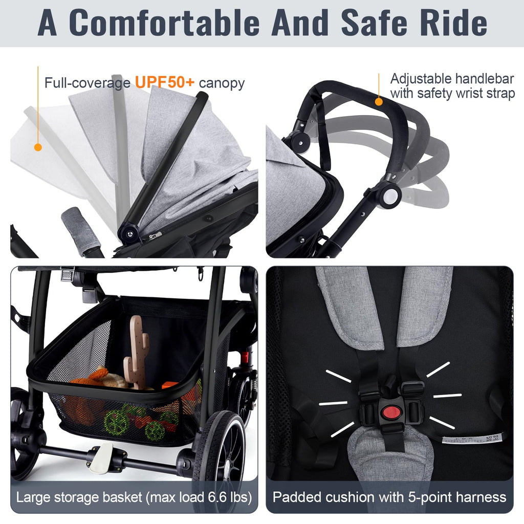Hagaday Baby Stroller, 2-in-1 Reversible Toddler Seat with Bassinet Mode, Foldable Infant Stroller with Canopy, One Button Brake, Adjustable Handle, Newborn Pushchair(Pink)