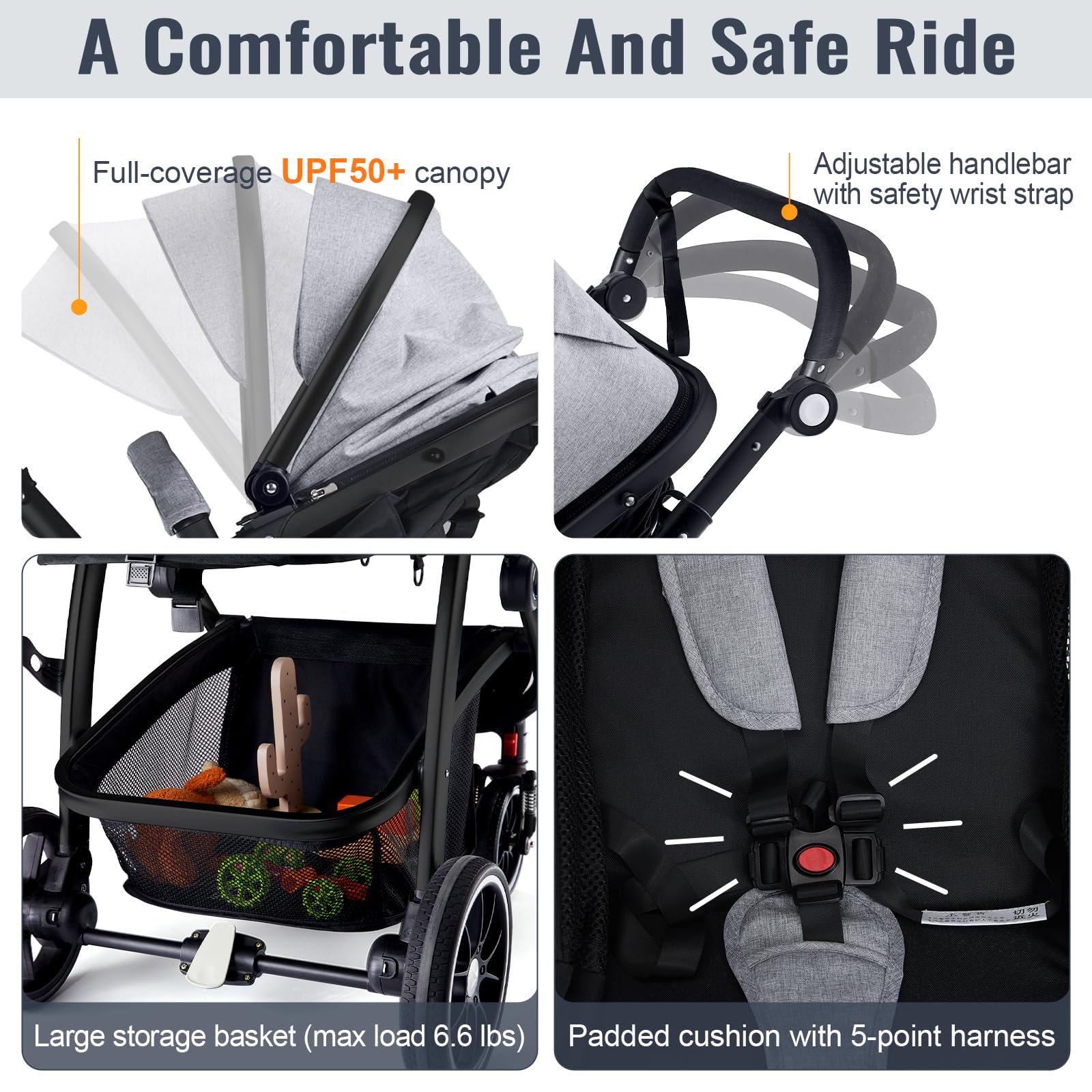 Hagaday Baby Stroller, 2-in-1 Reversible Toddler Seat with Bassinet Mode, Foldable Infant Stroller with Canopy, One Button Brake, Adjustable Handle, Newborn Pushchair(Pink)