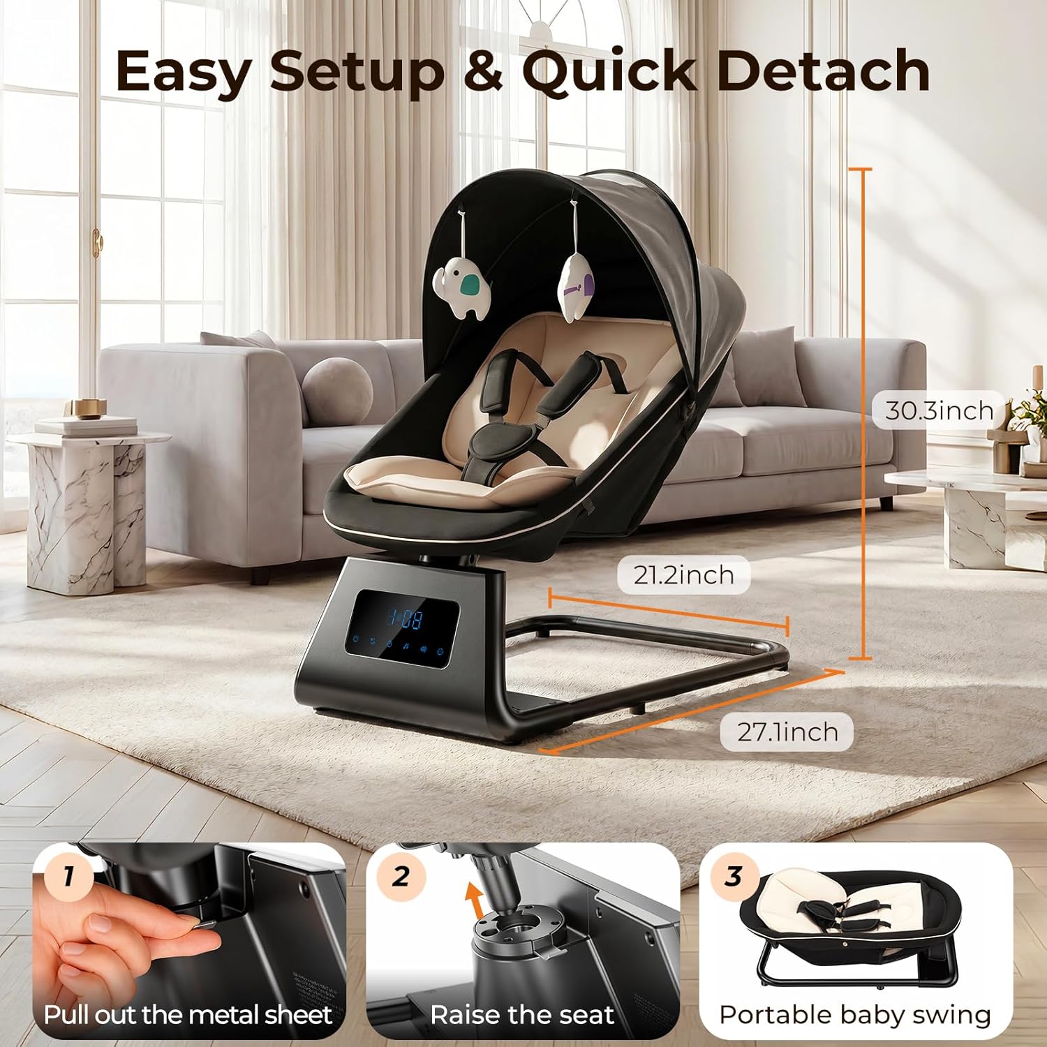 Pamo Babe Portable Baby Swing - Electric Baby Rocker with Cry Detection, 5 Swing Speeds, Bluetooth & Remote Control, Adjustable Backrest, Indoor & Outdoor Swing Chair for Newborn Babies - Black