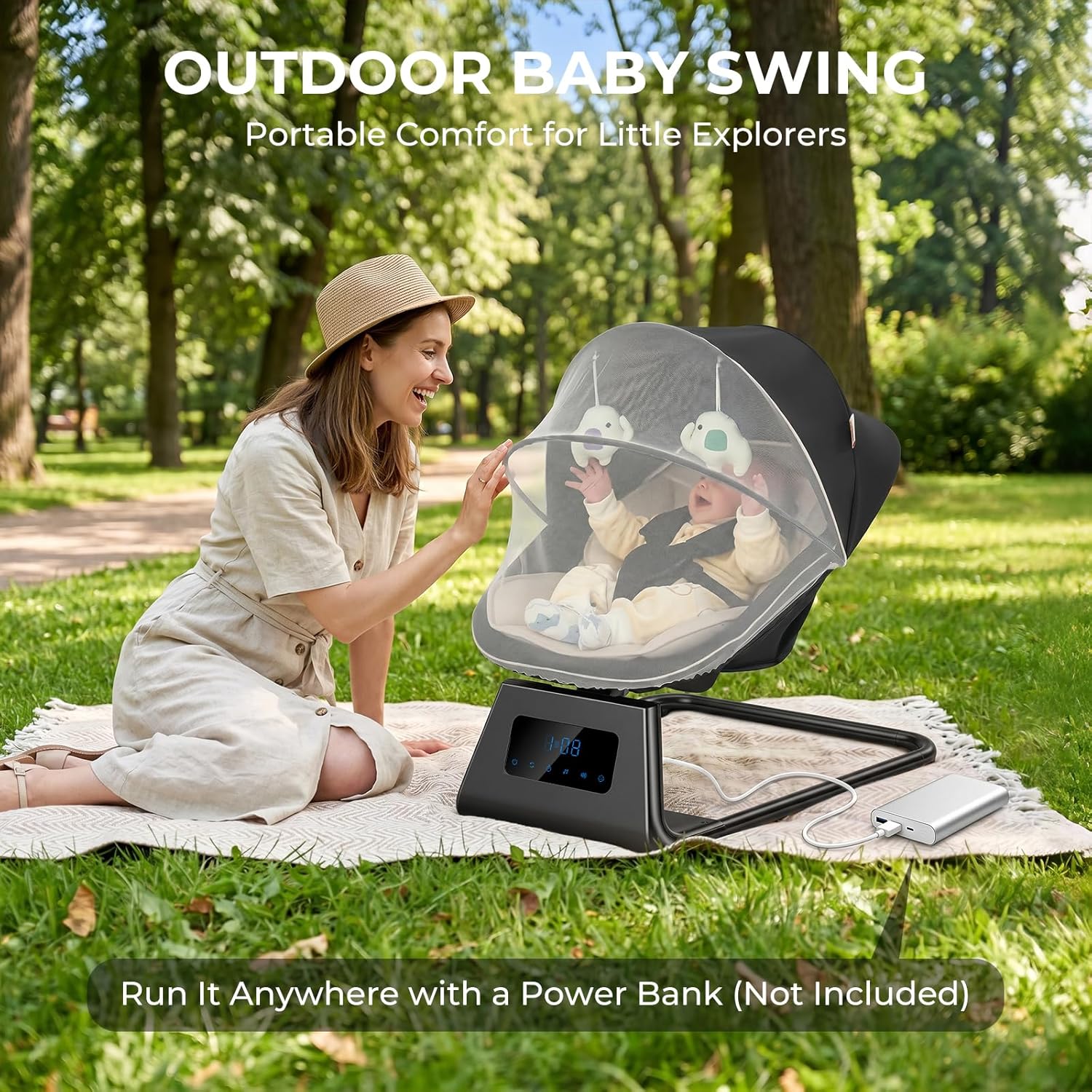 Pamo Babe Portable Baby Swing - Electric Baby Rocker with Cry Detection, 5 Swing Speeds, Bluetooth & Remote Control, Adjustable Backrest, Indoor & Outdoor Swing Chair for Newborn Babies - Black