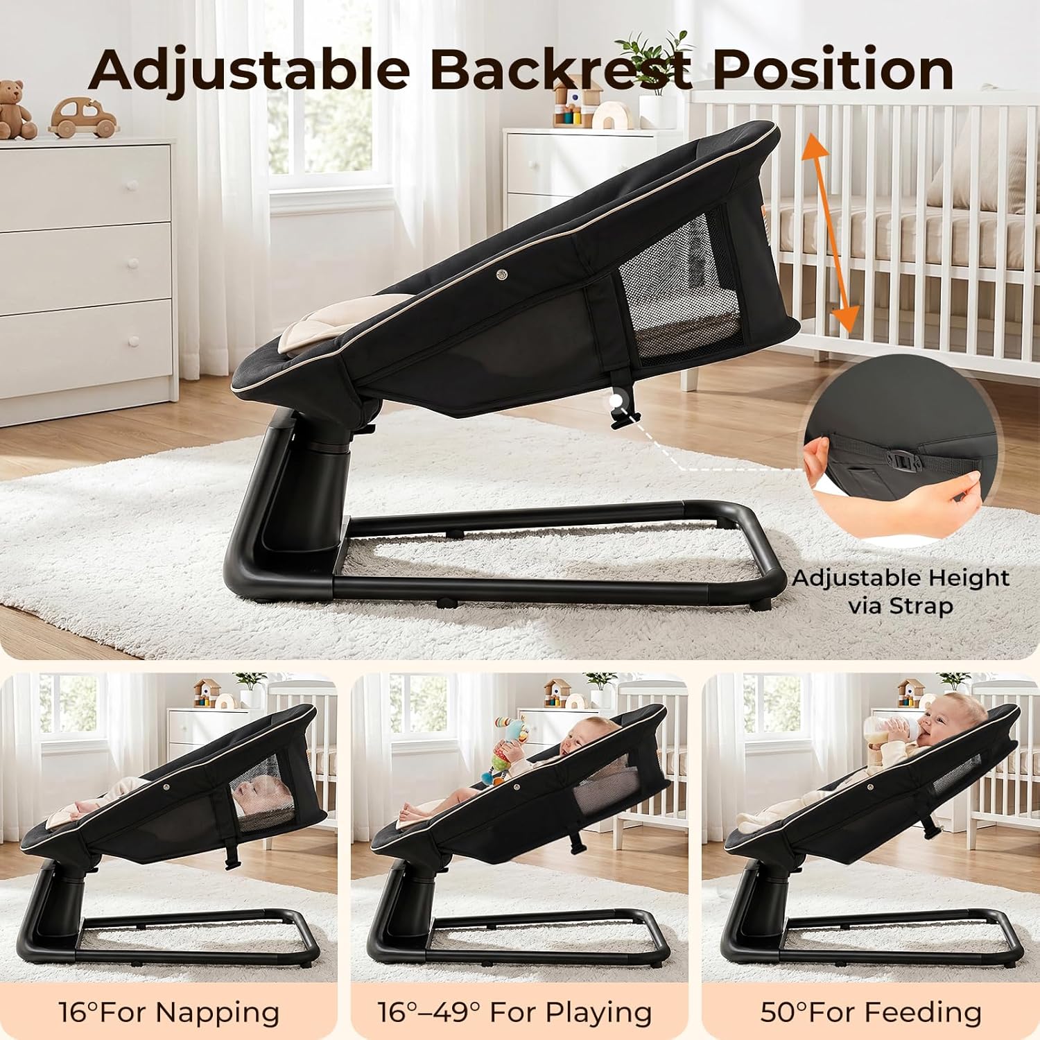 Pamo Babe Portable Baby Swing - Electric Baby Rocker with Cry Detection, 5 Swing Speeds, Bluetooth & Remote Control, Adjustable Backrest, Indoor & Outdoor Swing Chair for Newborn Babies - Black