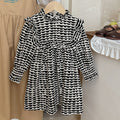 Arrival Autumn Girls Wave Print Stand Collar Ruffle Hem Dress