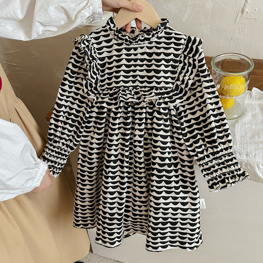 Arrival Autumn Girls Wave Print Stand Collar Ruffle Hem Dress