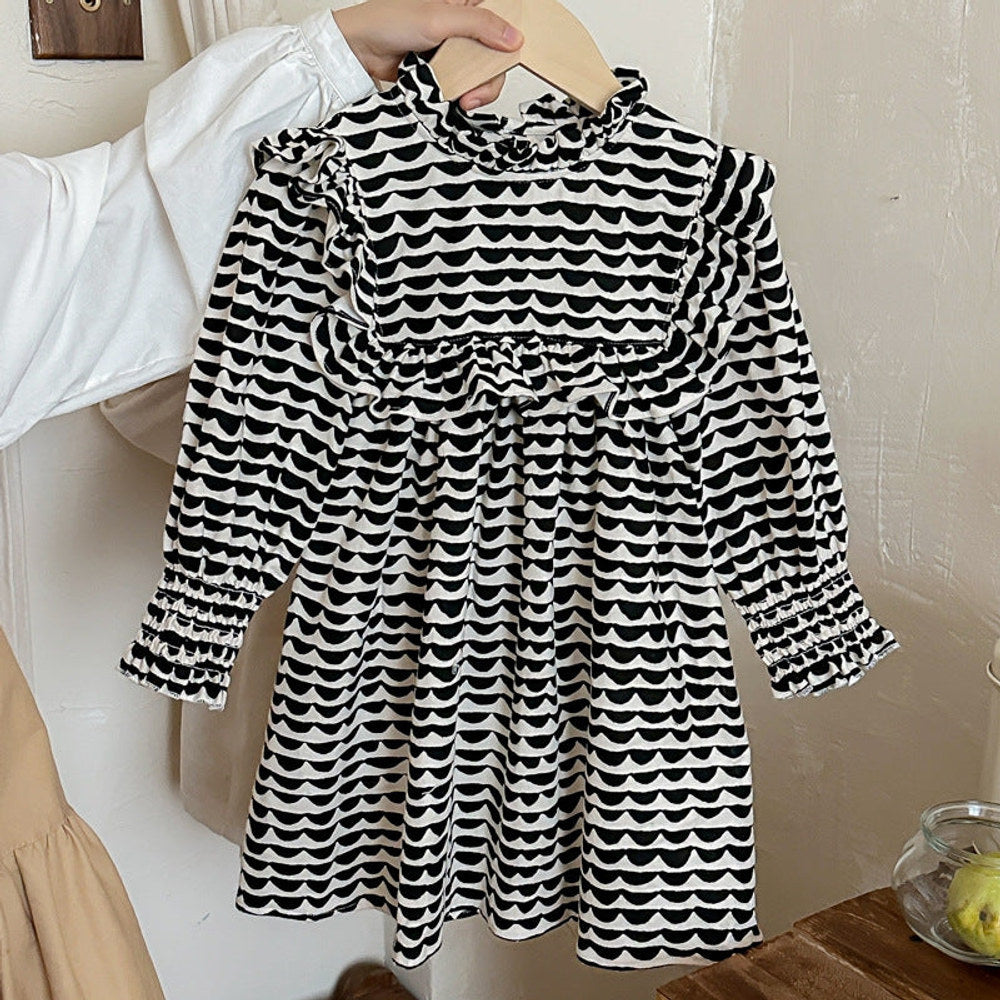 Arrival Autumn Girls Wave Print Stand Collar Ruffle Hem Dress