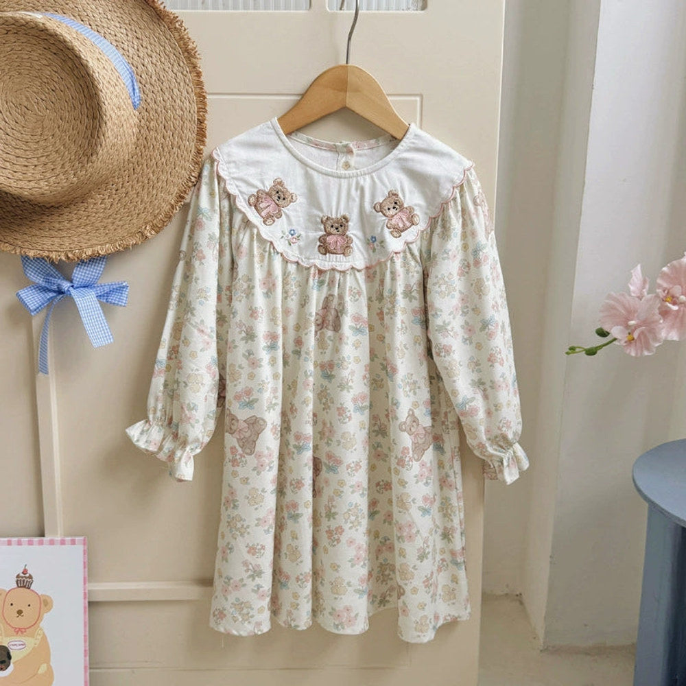 Girls Flowers and Teddy Bears Long Sleeves Dress