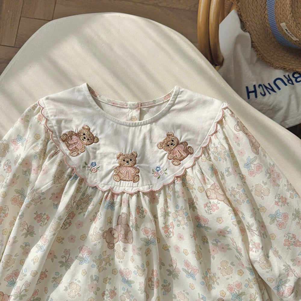 Girls Flowers and Teddy Bears Long Sleeves Dress