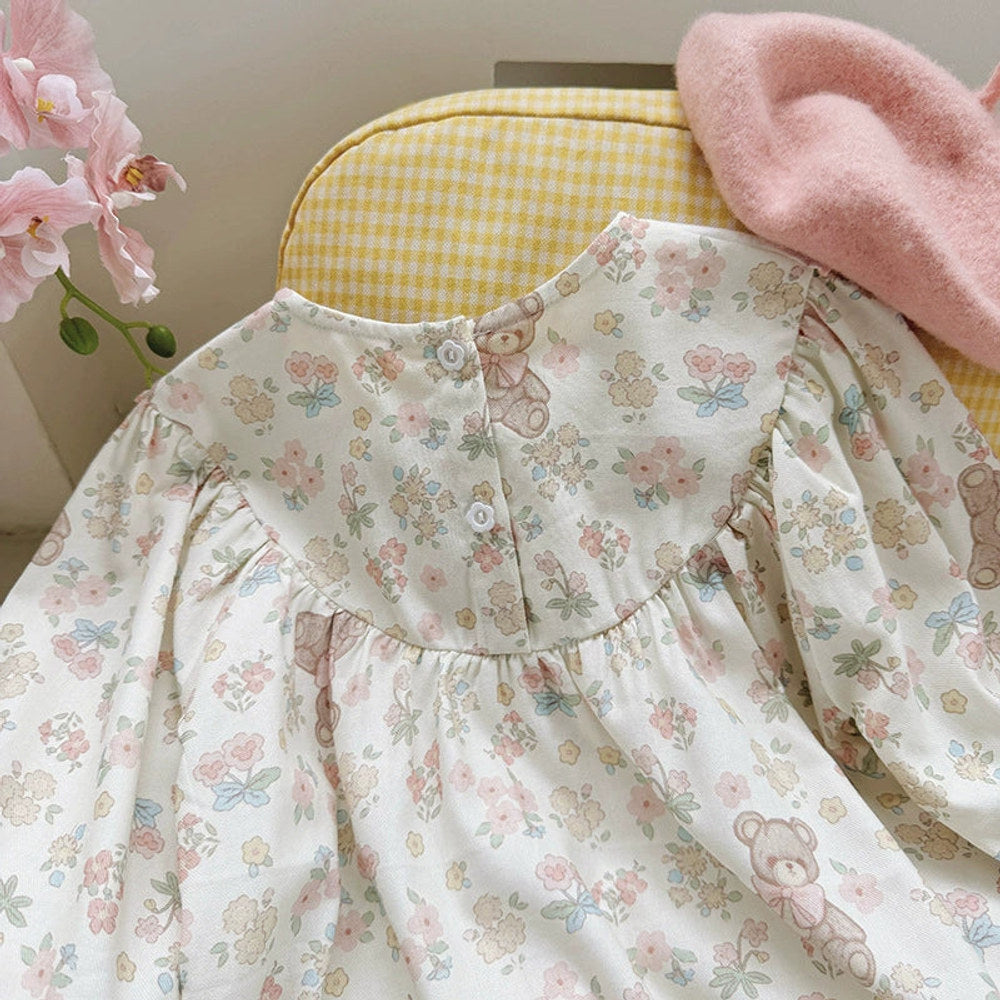 Girls Flowers and Teddy Bears Long Sleeves Dress
