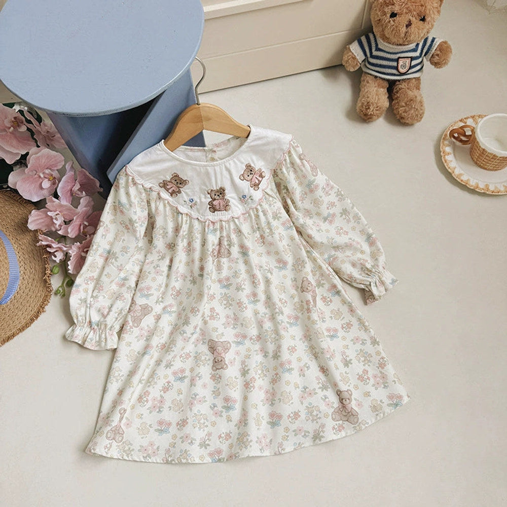 Girls Flowers and Teddy Bears Long Sleeves Dress